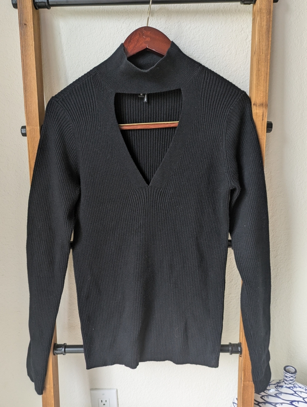 PAIGE Black Ribbed V-Neck Cutout Sweater - Size M